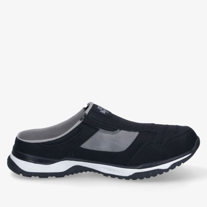 Schwarzer Schlupfschuh seitlich, leichtes und flexibles Design mit rutschfester Sohle und komfortablem Sitz