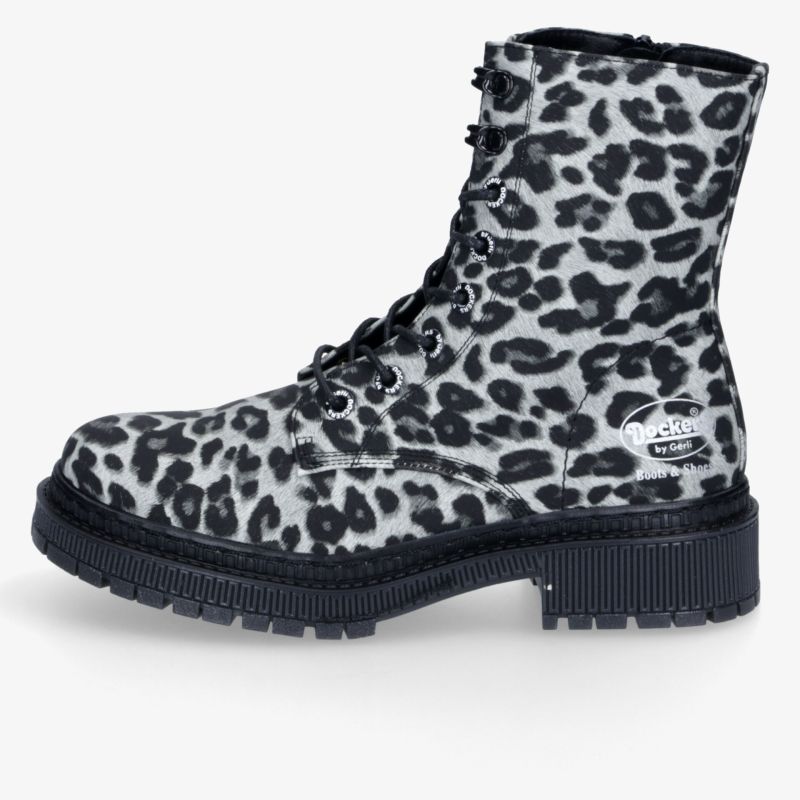 Modischer robuster Stiefel mit Leopardenmuster, dicker Profilsohle und schnürbarem Schaft für sicheren Halt