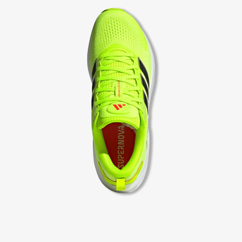 Leichter, atmungsaktiver Laufschuh in neon grün mit gepolsterter Zwischensohle und schnürverschluss, Draufsicht