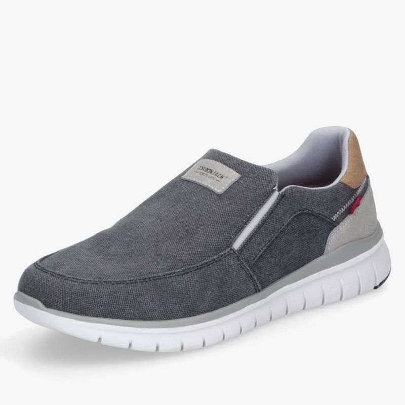 Leichter grauer Slip-On Schuh mit elastischem Einsatz und flexibler rutschfester Sohle für komfortablen Alltag