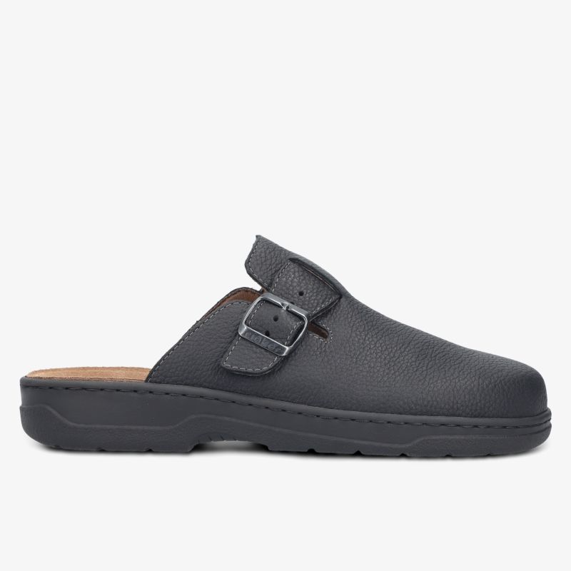 Schwarzer, bequemer Schuh mit weichem Material und rutschfester Sohle, seitliche Ansicht