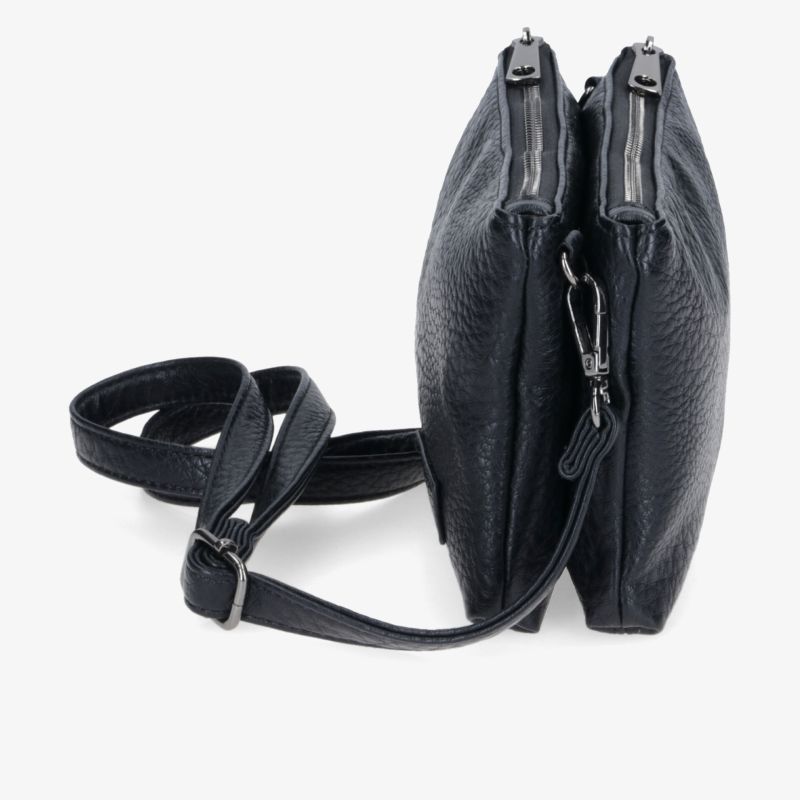 Schwarze Doppeltasche mit zwei Reißverschlussfächern und verstellbarem Gurt, kompakt und funktional