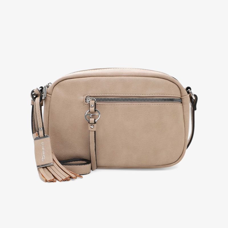 Komfortable und stilvolle Tasche mit Reißverschluss, verstellbarem Riemen und weichem Material in taupe