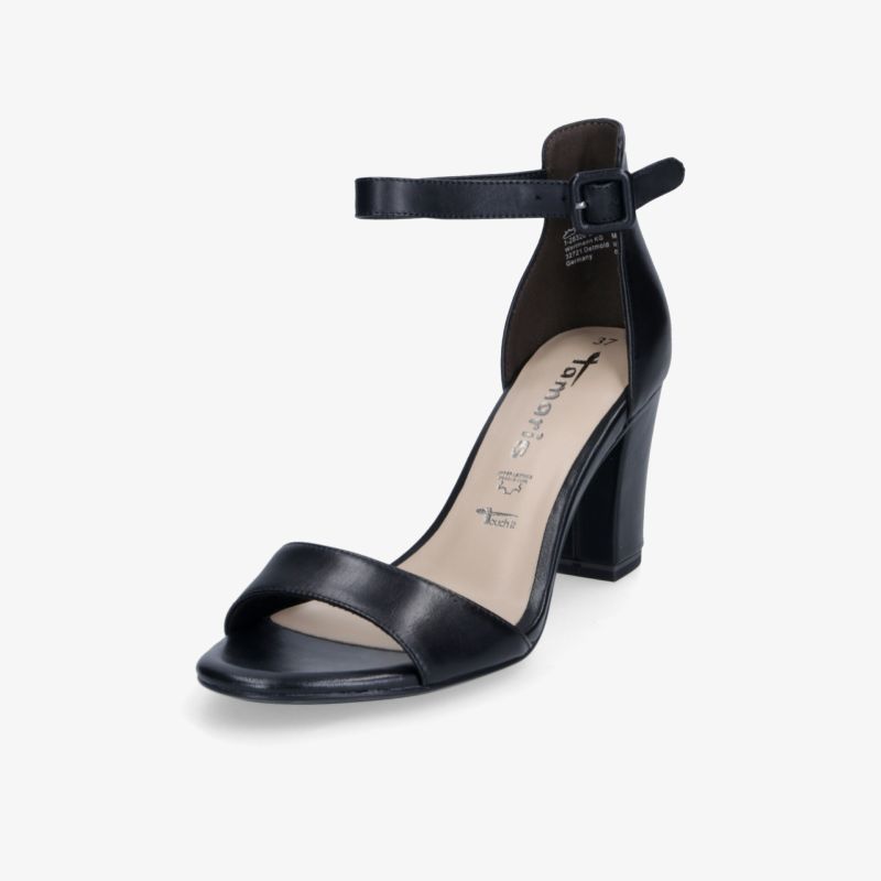 Elegante schwarze Sandalette mit hohem Blockabsatz und verstellbarem Knöchelriemen, offene Zehenpartie