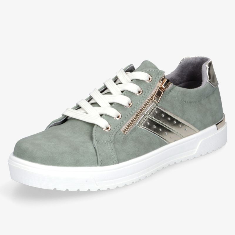 Moderner grüner Sneaker mit Reißverschluss, weißer Sohle und bequemer Passform, seitliche Ansicht