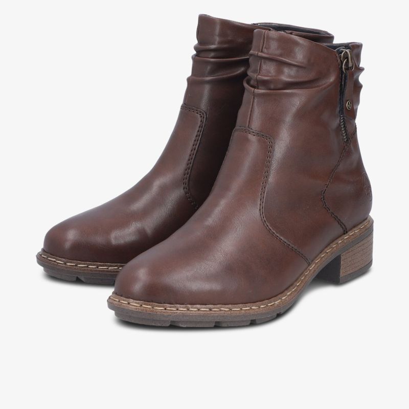 Braune Lederstiefeletten mit Reißverschluss und robustem Blockabsatz für bequemen Alltagsschuh