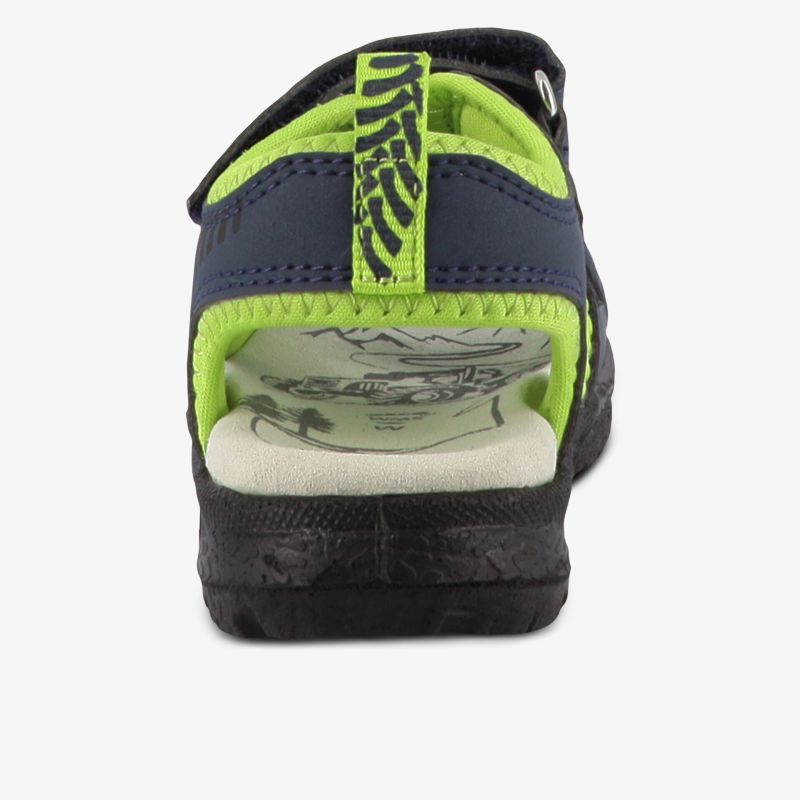Rückansicht eines blauen und grünen Schuhs mit robustem Design und komfortabler Passform