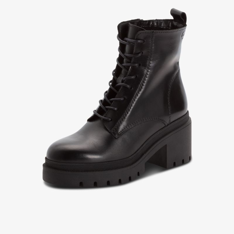 Schwarzer Schnürstiefel mit dicker Profilsohle und Blockabsatz, mit seitlichem Reißverschluss, robuster modischer Schuh