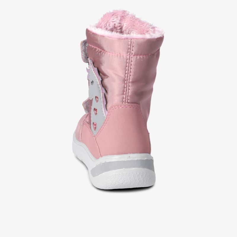 Rosa Winterstiefel mit warmer Innenfütterung und seitlichem Reißverschluss, rückseitige Ansicht